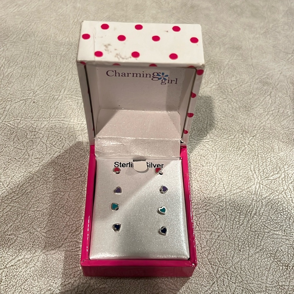 Charming girl set of five sterling silver heart studs